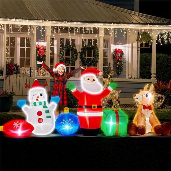 11FT Long Christmas Family Inflatable 6 in 1, Santa Claus Snowman Reindeer